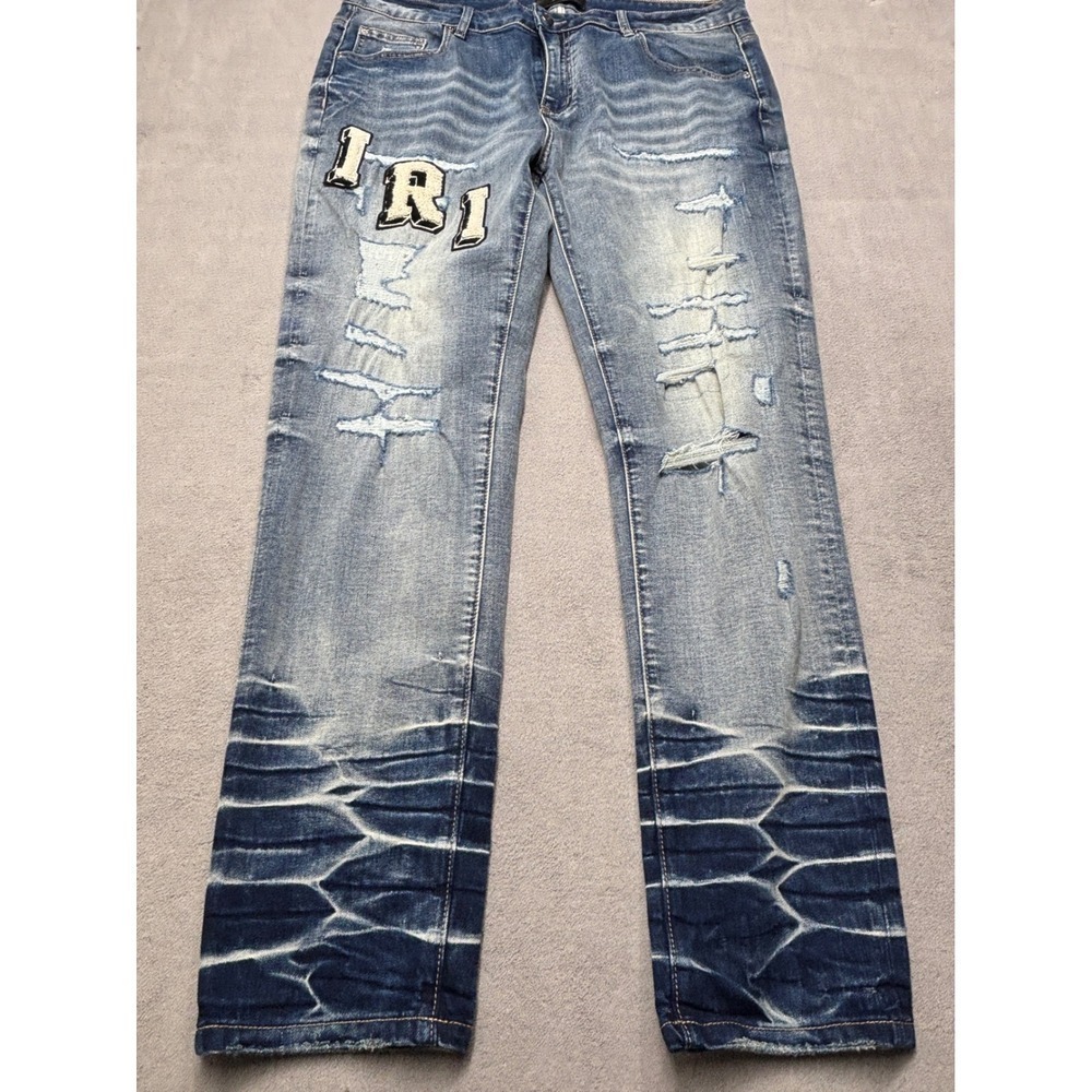 Amiri Mens Distressed Varsity Patch Denim Jeans Light Wash Blue Size 38